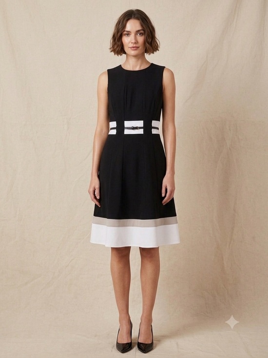 Calvin Klein Dresses & Skirts - Calvin Klein Black White Tan Colorblock Fit & Flare Belted Dress Size 0 Office